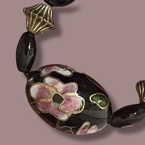 Vtg Onyx Beads Sterling Silver Cloisonné Hand Knotted Necklace Cherry Blossoms